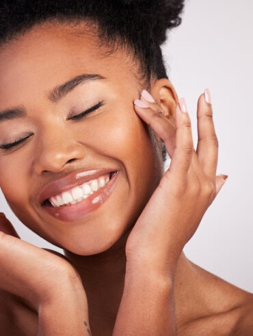 Skincare, woman smile and face closeup of beauty, dermatology and facial treatment.